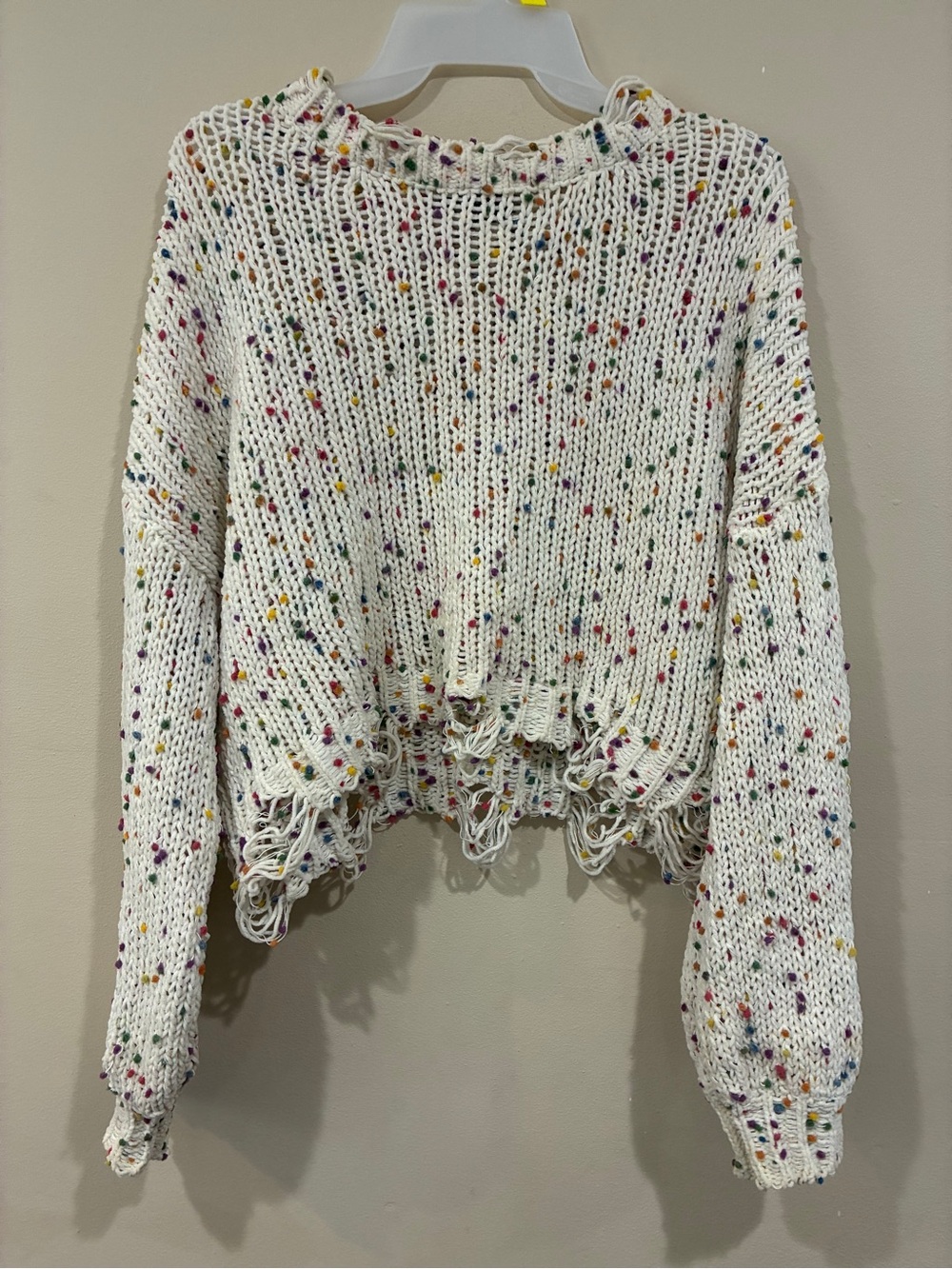 White Multicolor Speckled Distressed Knit Crewneck Sweater